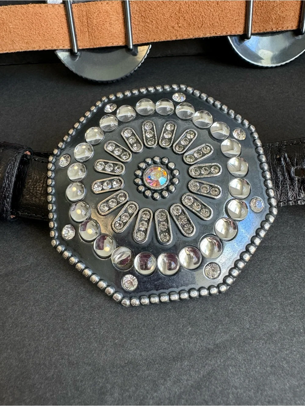 Tony Lama Crystal Concho Belt Black Exotic Leather Cowgirl Festival Western L